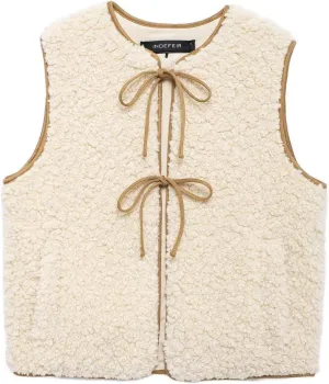 Perbai Women's Fuzzy Fleece Vest Crewneck Sleeveless Sherpa Jacket Tie Front Y2K Cardigan Vest Gilet with Pockets