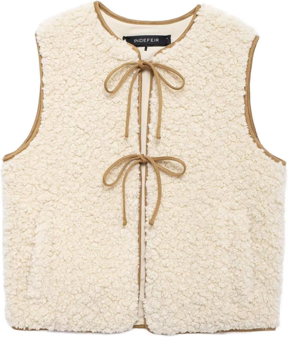 Perbai Women's Fuzzy Fleece Vest Crewneck Sleeveless Sherpa Jacket Tie Front Y2K Cardigan Vest Gilet with Pockets