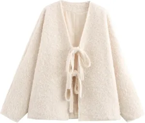 Perbai Women's Tie Front Bow Cardigan Jacket Fuzzy Wool Blend Long Sleeve Batwing Oversized Winter Trench Coats
