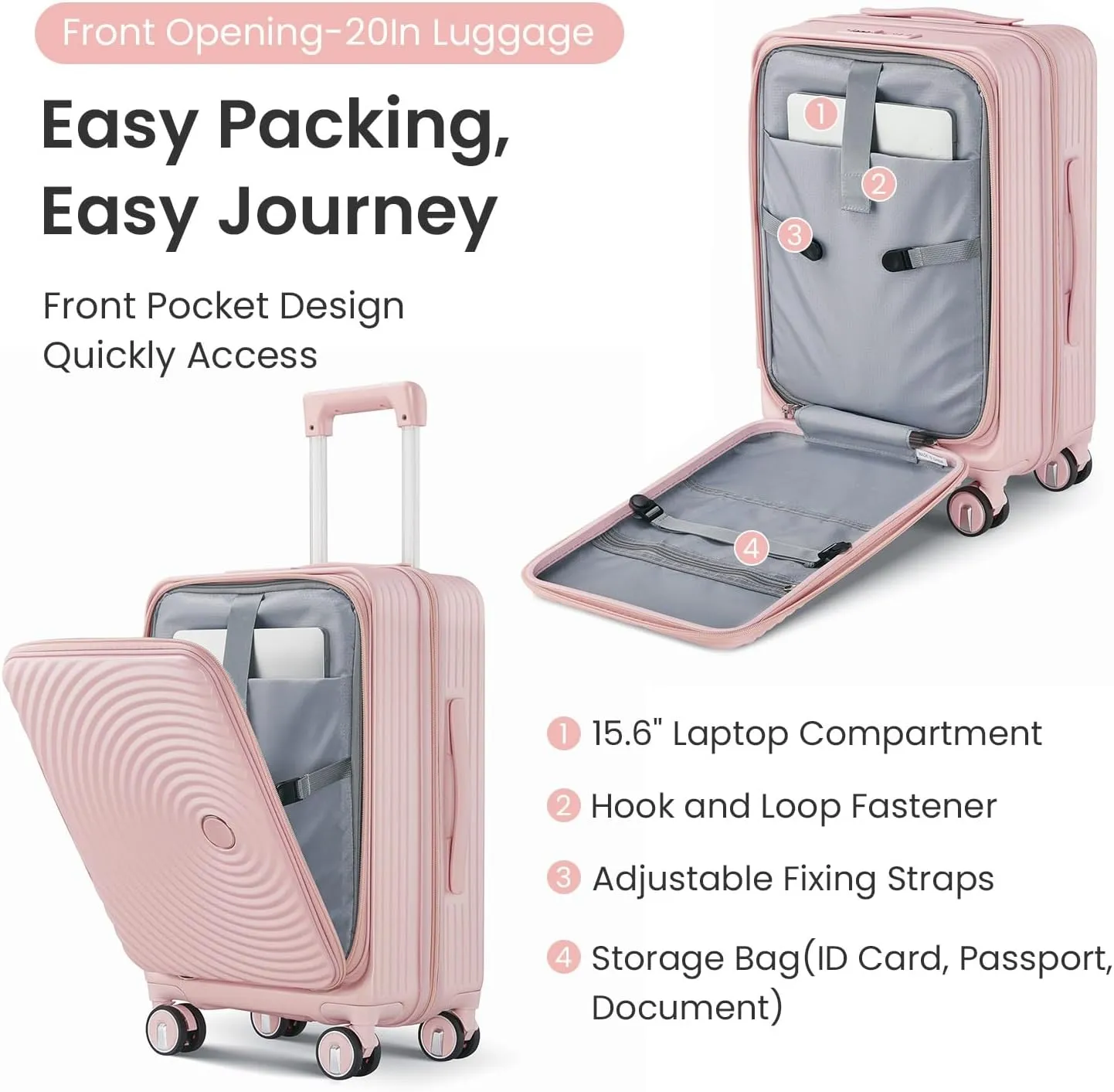 Premium 3-Piece Luggage Set (20/24/28") with TSA Lock | Expandable Carry-On Hardshell Suitcase | 100% PC Material, Spinner Wheels, Front Pocket & Lightweight Design (Pink)