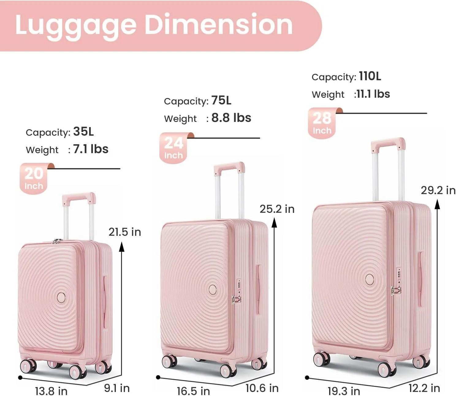 Premium 3-Piece Luggage Set (20/24/28") with TSA Lock | Expandable Carry-On Hardshell Suitcase | 100% PC Material, Spinner Wheels, Front Pocket & Lightweight Design (Pink)