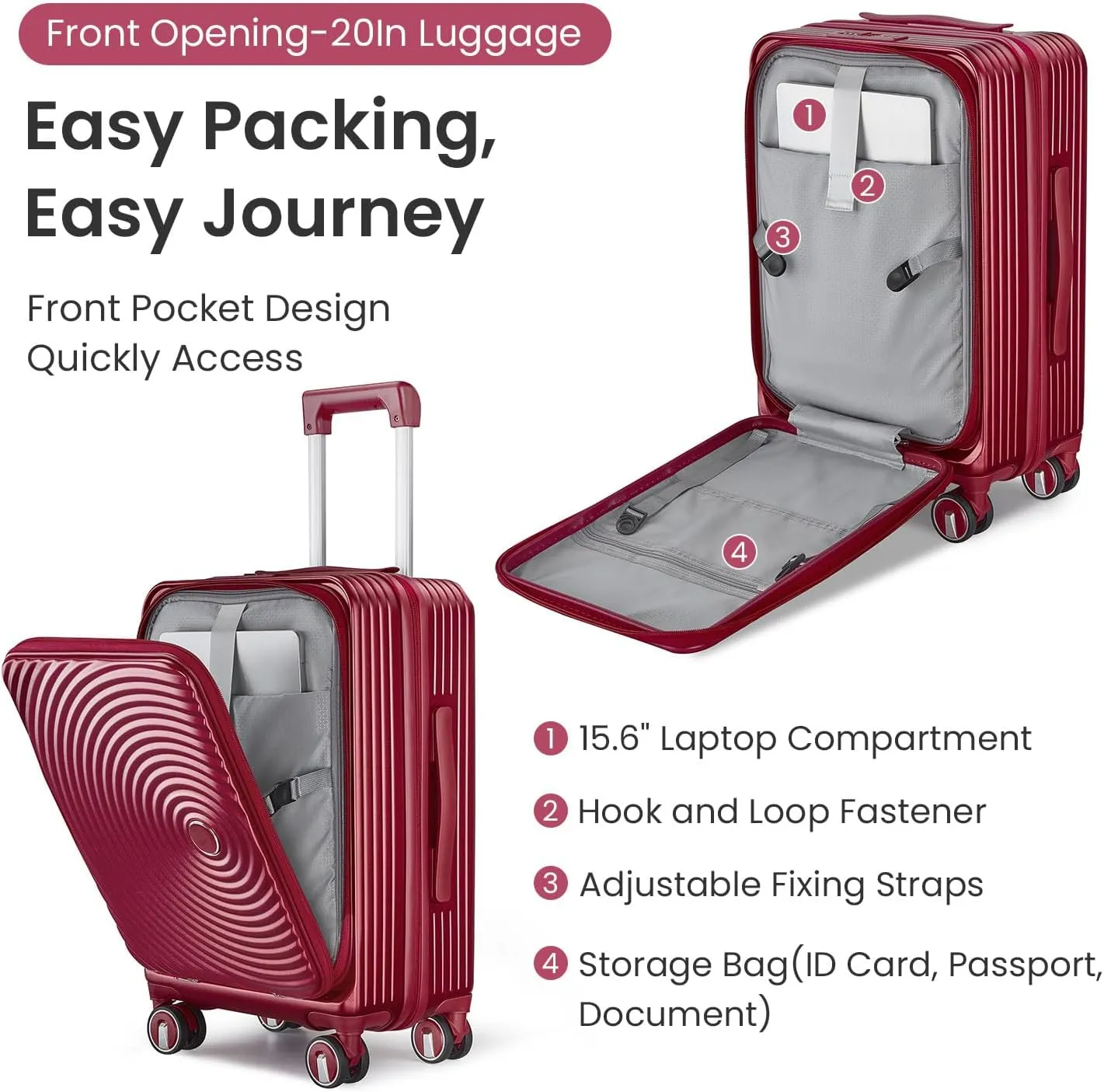 Premium 3-Piece Luggage Set (20/24/28") with TSA Lock | Expandable Carry-On Hardshell Suitcase | 100% PC Material, Spinner Wheels, Front Pocket & Lightweight Design (Wine Red)