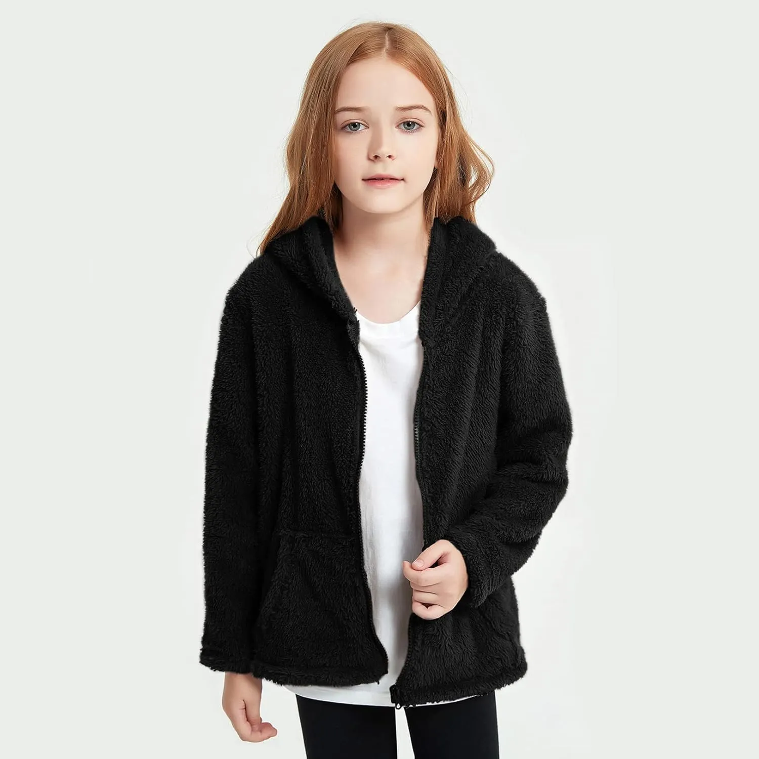 QPANCY Girls Fuzzy Sherpa Coat Full Zip Hoodie Fleece Jacket with Pockets Fall Winter Outwear