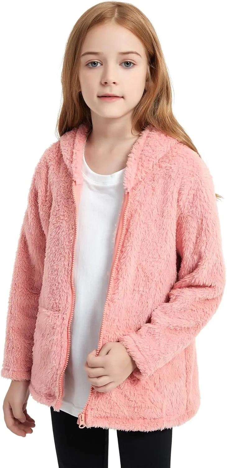 QPANCY Girls Fuzzy Sherpa Coat Full Zip Hoodie Fleece Jacket with Pockets Fall Winter Outwear