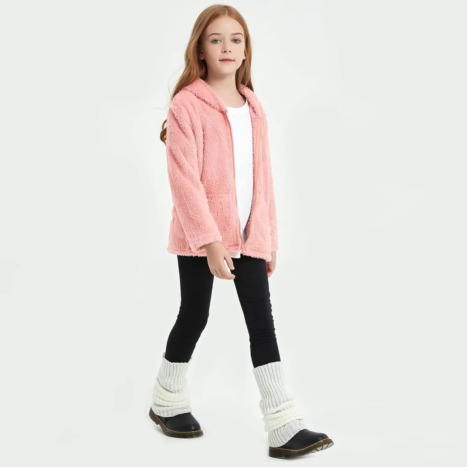 QPANCY Girls Fuzzy Sherpa Coat Full Zip Hoodie Fleece Jacket with Pockets Fall Winter Outwear