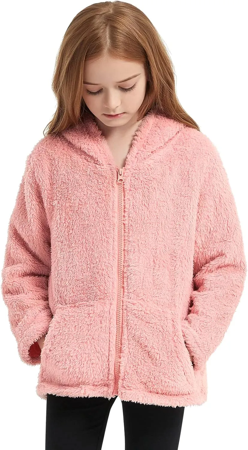 QPANCY Girls Fuzzy Sherpa Coat Full Zip Hoodie Fleece Jacket with Pockets Fall Winter Outwear