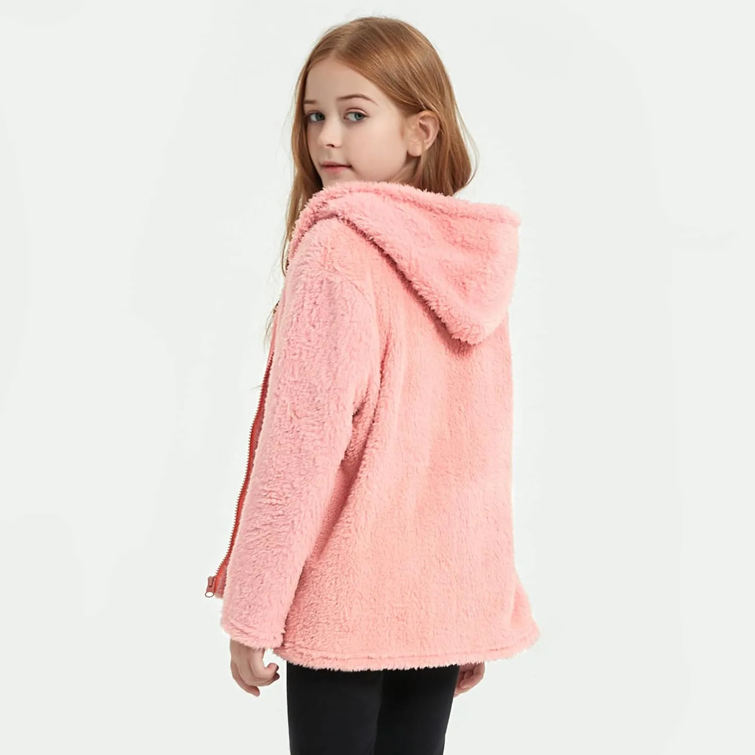 QPANCY Girls Fuzzy Sherpa Coat Full Zip Hoodie Fleece Jacket with Pockets Fall Winter Outwear