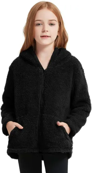 QPANCY Girls Fuzzy Sherpa Coat Full Zip Hoodie Fleece Jacket with Pockets Fall Winter Outwear