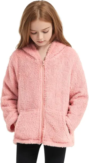 QPANCY Girls Fuzzy Sherpa Coat Full Zip Hoodie Fleece Jacket with Pockets Fall Winter Outwear