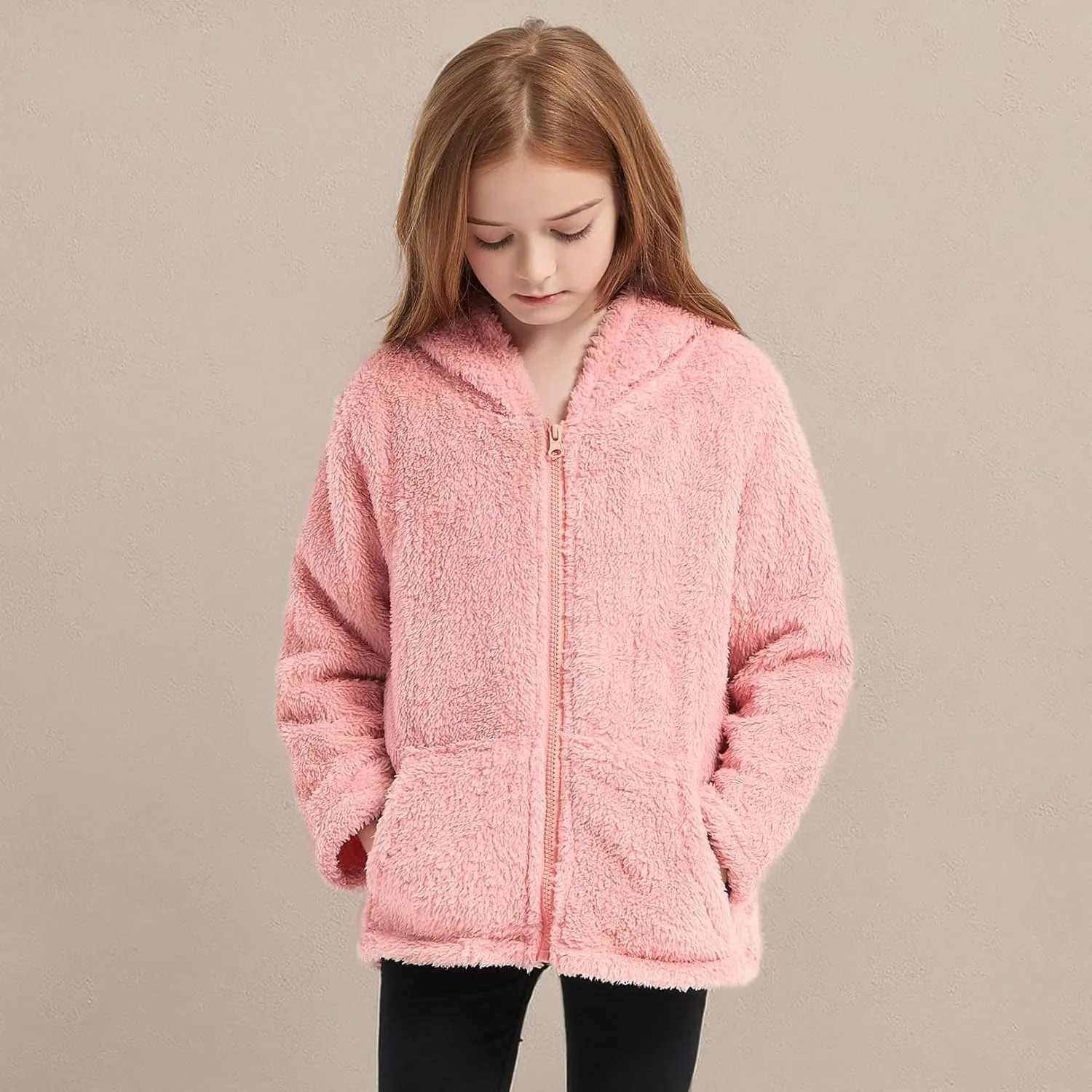 QPANCY Girls Fuzzy Sherpa Coat Full Zip Hoodie Fleece Jacket with Pockets Fall Winter Outwear