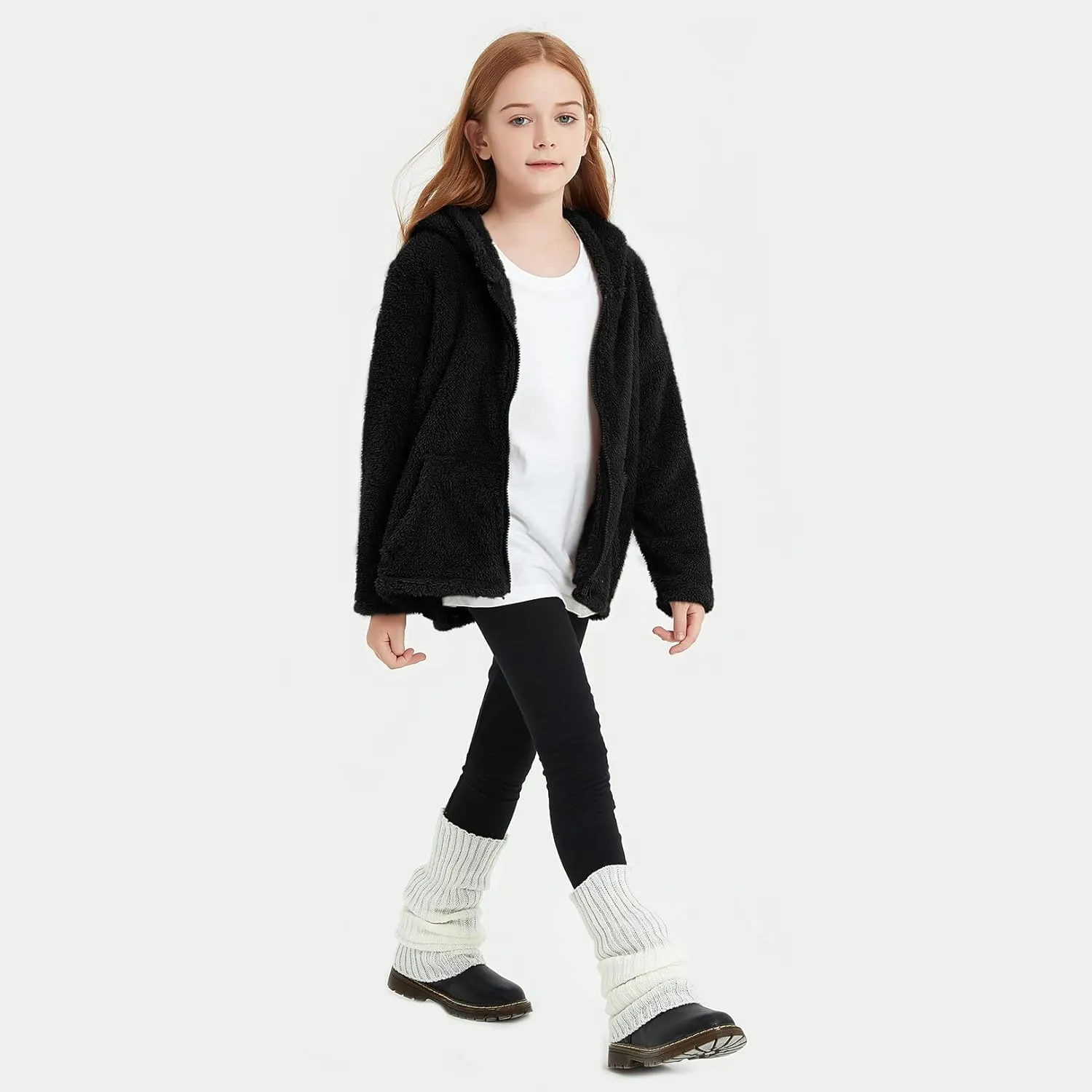 QPANCY Girls Fuzzy Sherpa Coat Full Zip Hoodie Fleece Jacket with Pockets Fall Winter Outwear