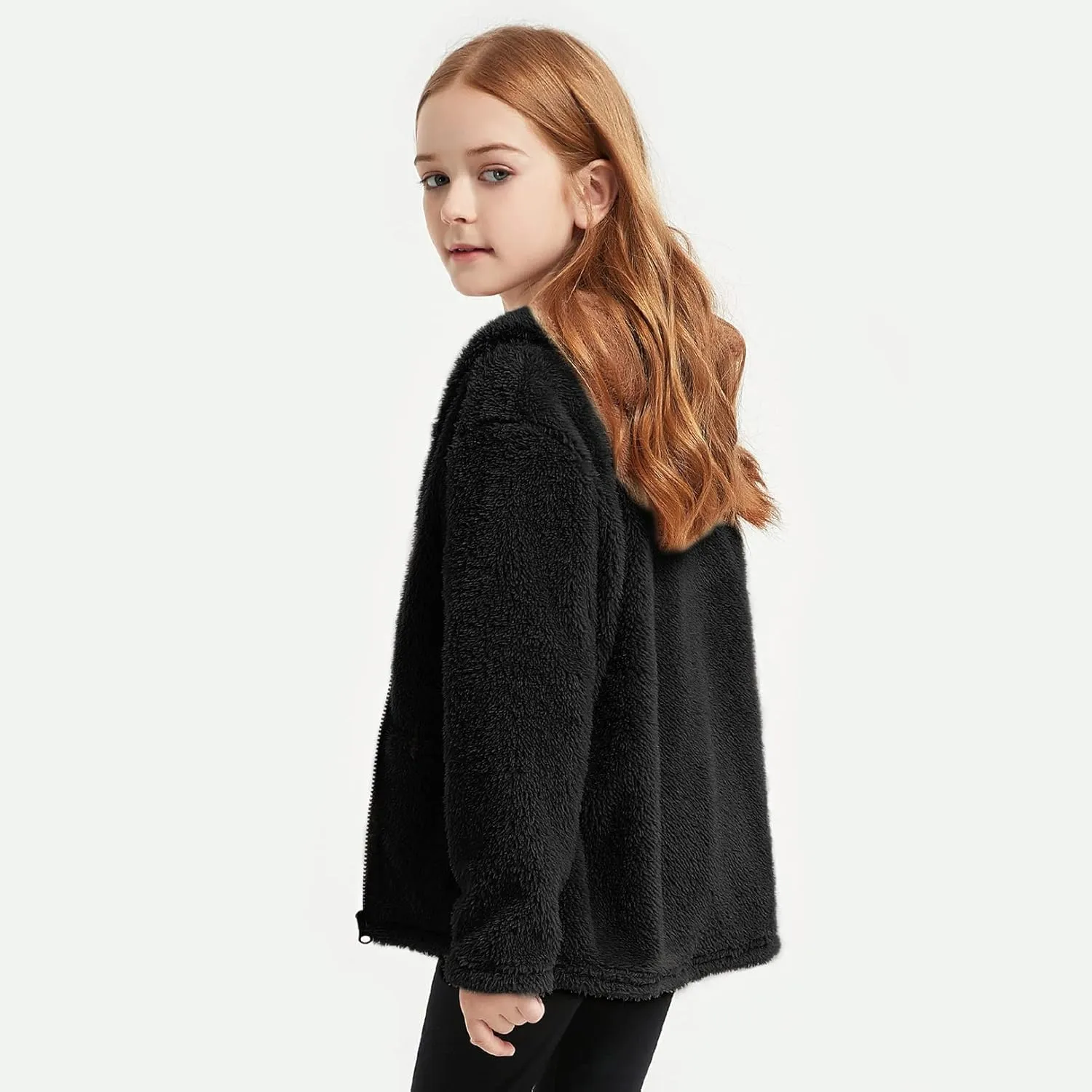 QPANCY Girls Fuzzy Sherpa Coat Full Zip Hoodie Fleece Jacket with Pockets Fall Winter Outwear