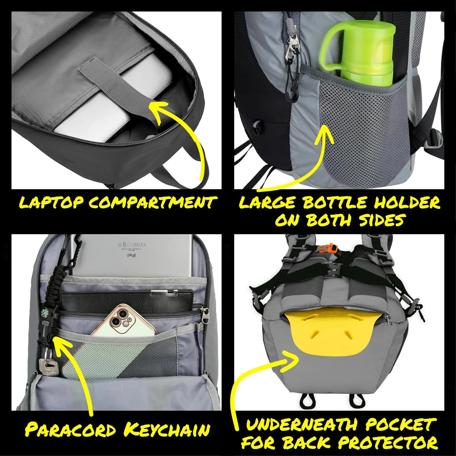 Reflective Motorcycle Backpack  Lightweight Hi Viz Riding Gear with Helmet Holder, Laptop pocket, Ventilated Back, Cycling, Hiking, Sport & Commuter Daypack (black backpack)