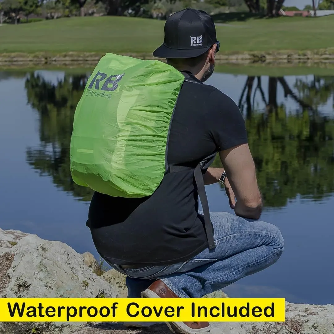 Reflective Motorcycle Backpack  Lightweight Hi Viz Riding Gear with Helmet Holder, Laptop pocket, Ventilated Back, Cycling, Hiking, Sport & Commuter Daypack (black backpack)