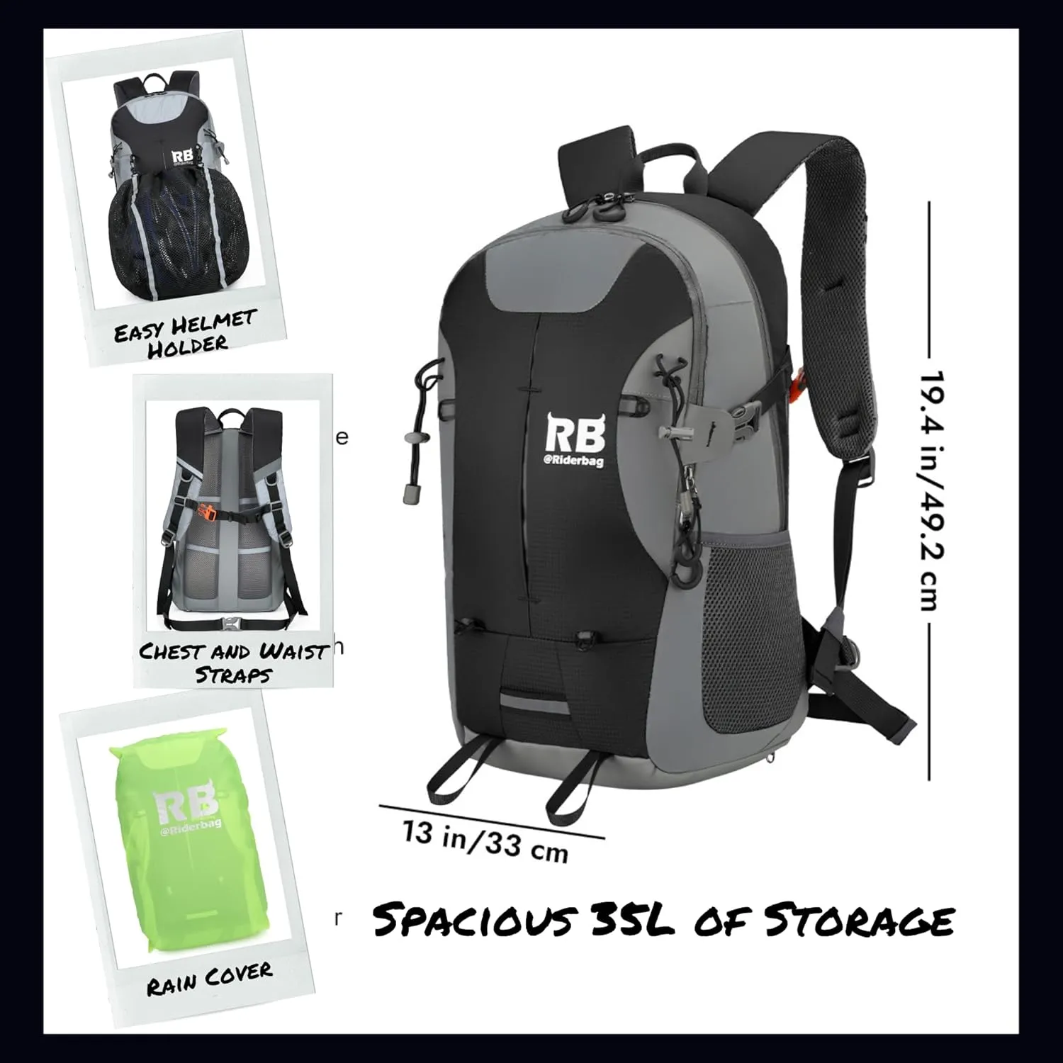 Reflective Motorcycle Backpack  Lightweight Hi Viz Riding Gear with Helmet Holder, Laptop pocket, Ventilated Back, Cycling, Hiking, Sport & Commuter Daypack (black backpack)