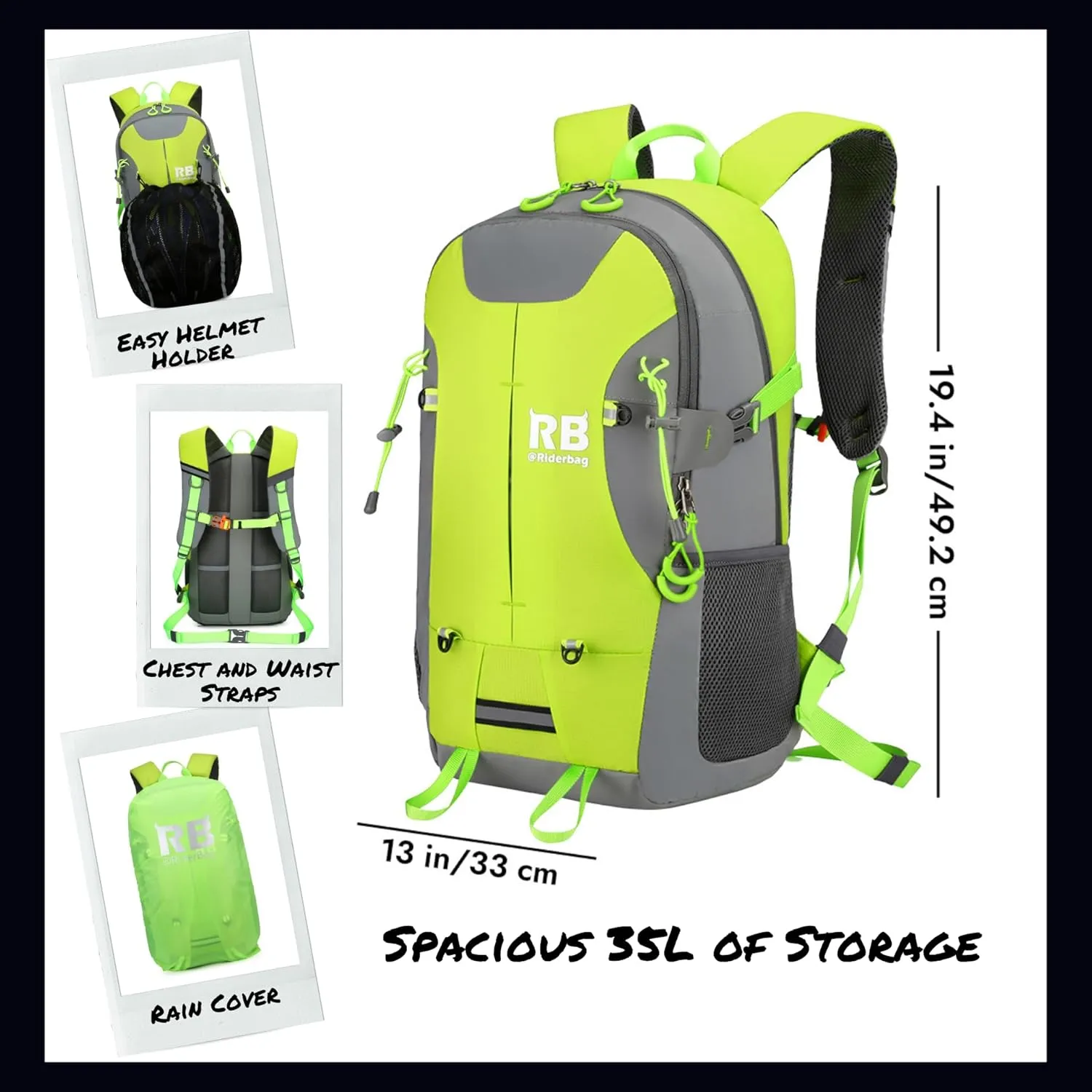 Reflective Motorcycle Backpack  Lightweight Hi Viz Riding Gear with Helmet Holder, Laptop pocket, Ventilated Back, Cycling, Hiking, Sport & Commuter Daypack (green backpack)