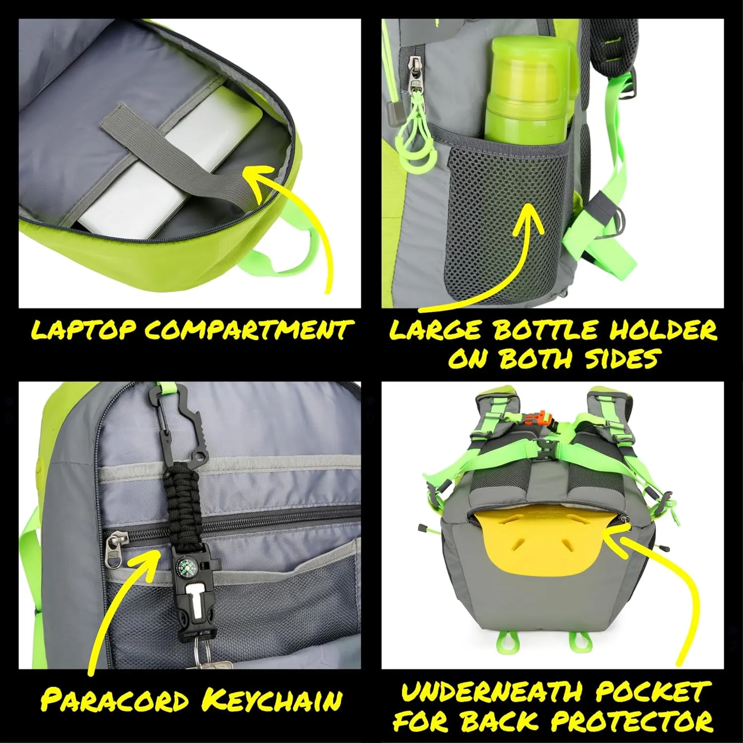 Reflective Motorcycle Backpack  Lightweight Hi Viz Riding Gear with Helmet Holder, Laptop pocket, Ventilated Back, Cycling, Hiking, Sport & Commuter Daypack (green backpack)