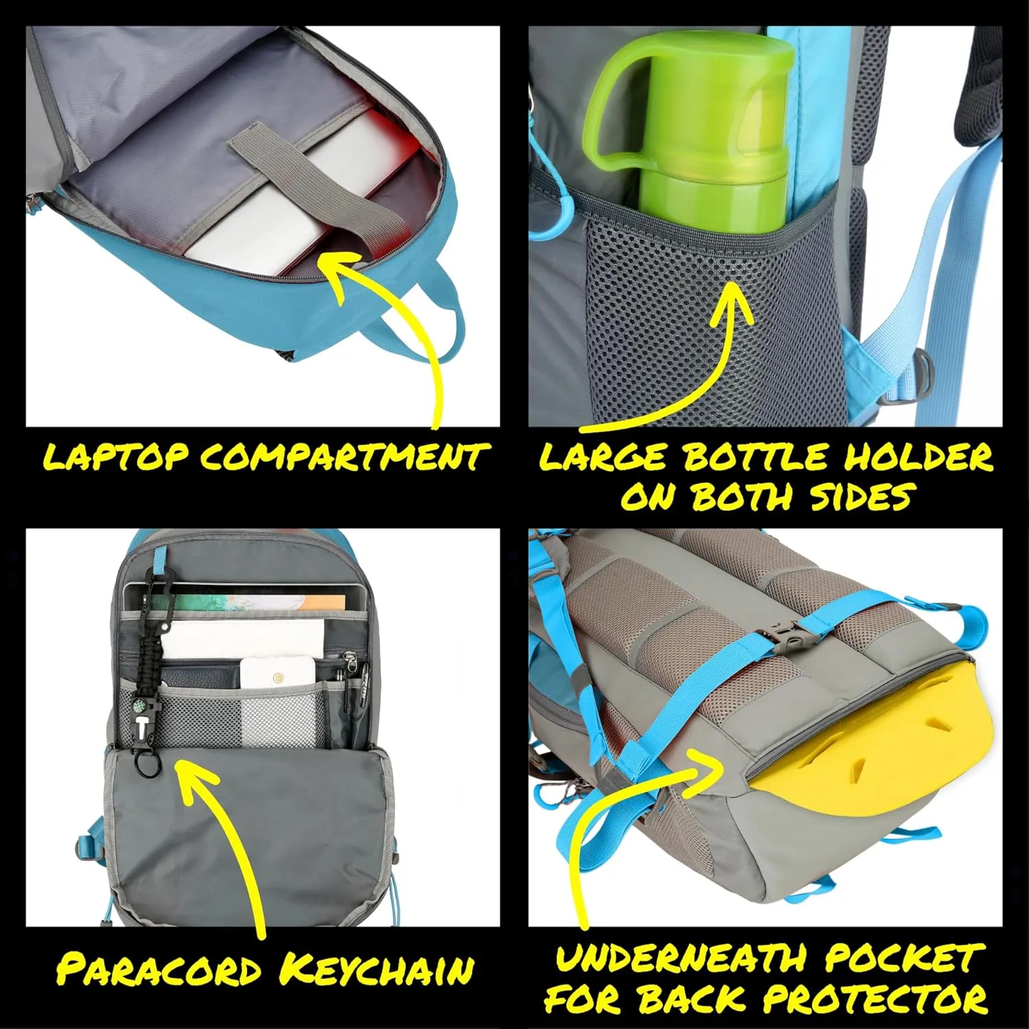Reflective Motorcycle Backpack  Lightweight Hi Viz Riding Gear with Helmet Holder, Laptop pocket, Ventilated Back, Cycling, Hiking, Sport & Commuter Daypack (light blue backpack)