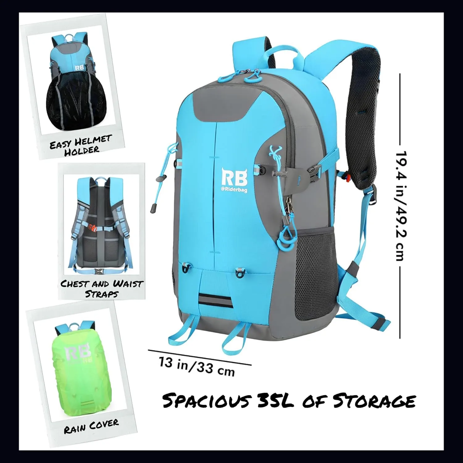 Reflective Motorcycle Backpack  Lightweight Hi Viz Riding Gear with Helmet Holder, Laptop pocket, Ventilated Back, Cycling, Hiking, Sport & Commuter Daypack (light blue backpack)