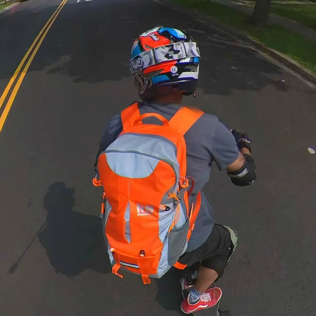 Reflective Motorcycle Backpack  Lightweight Hi Viz Riding Gear with Helmet Holder, Laptop pocket, Ventilated Back, Cycling, Hiking, Sport & Commuter Daypack (orange backpack)