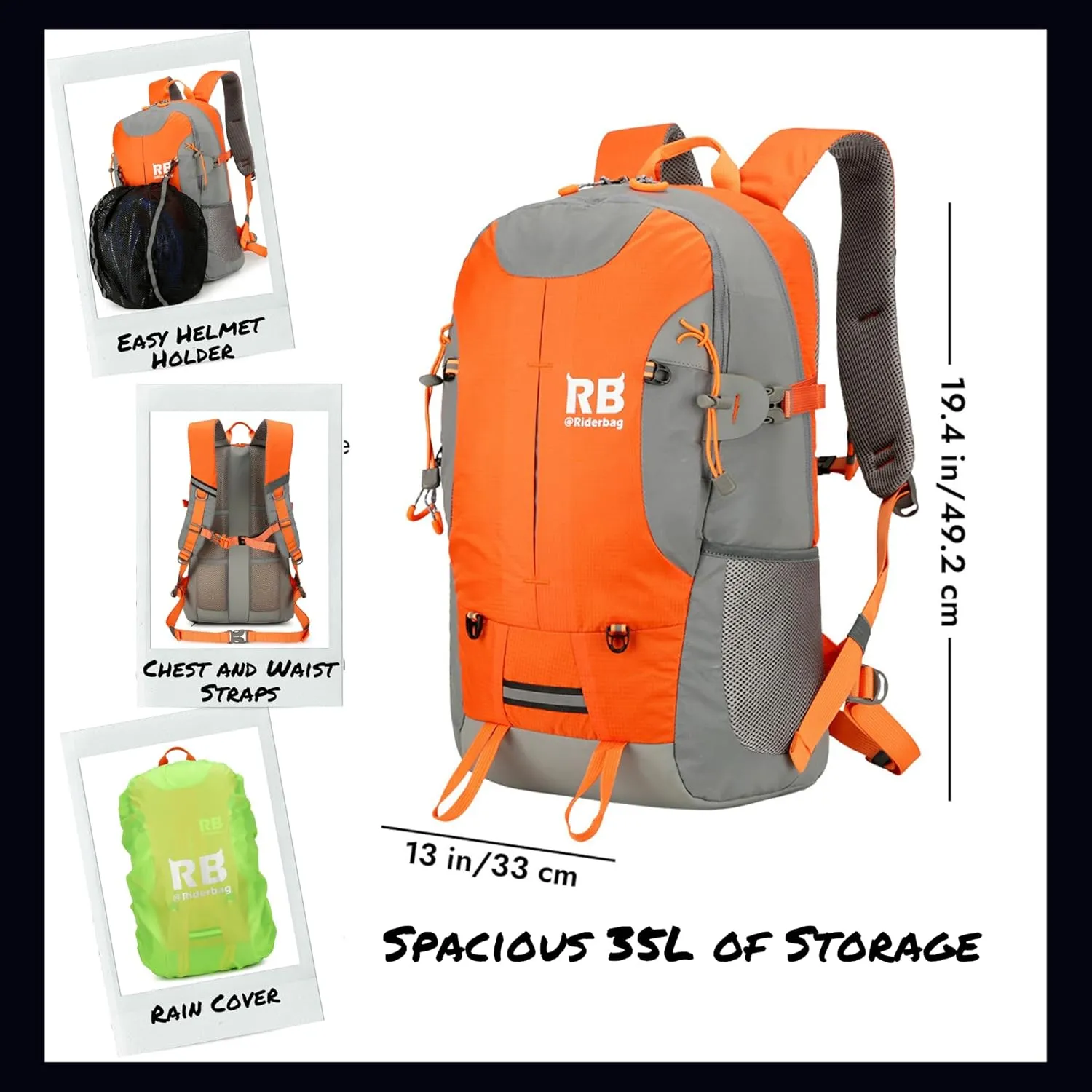 Reflective Motorcycle Backpack  Lightweight Hi Viz Riding Gear with Helmet Holder, Laptop pocket, Ventilated Back, Cycling, Hiking, Sport & Commuter Daypack (orange backpack)
