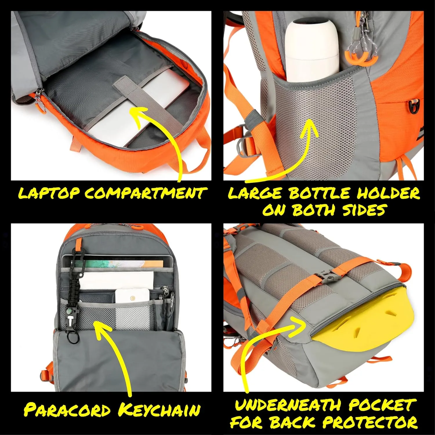 Reflective Motorcycle Backpack  Lightweight Hi Viz Riding Gear with Helmet Holder, Laptop pocket, Ventilated Back, Cycling, Hiking, Sport & Commuter Daypack (orange backpack)