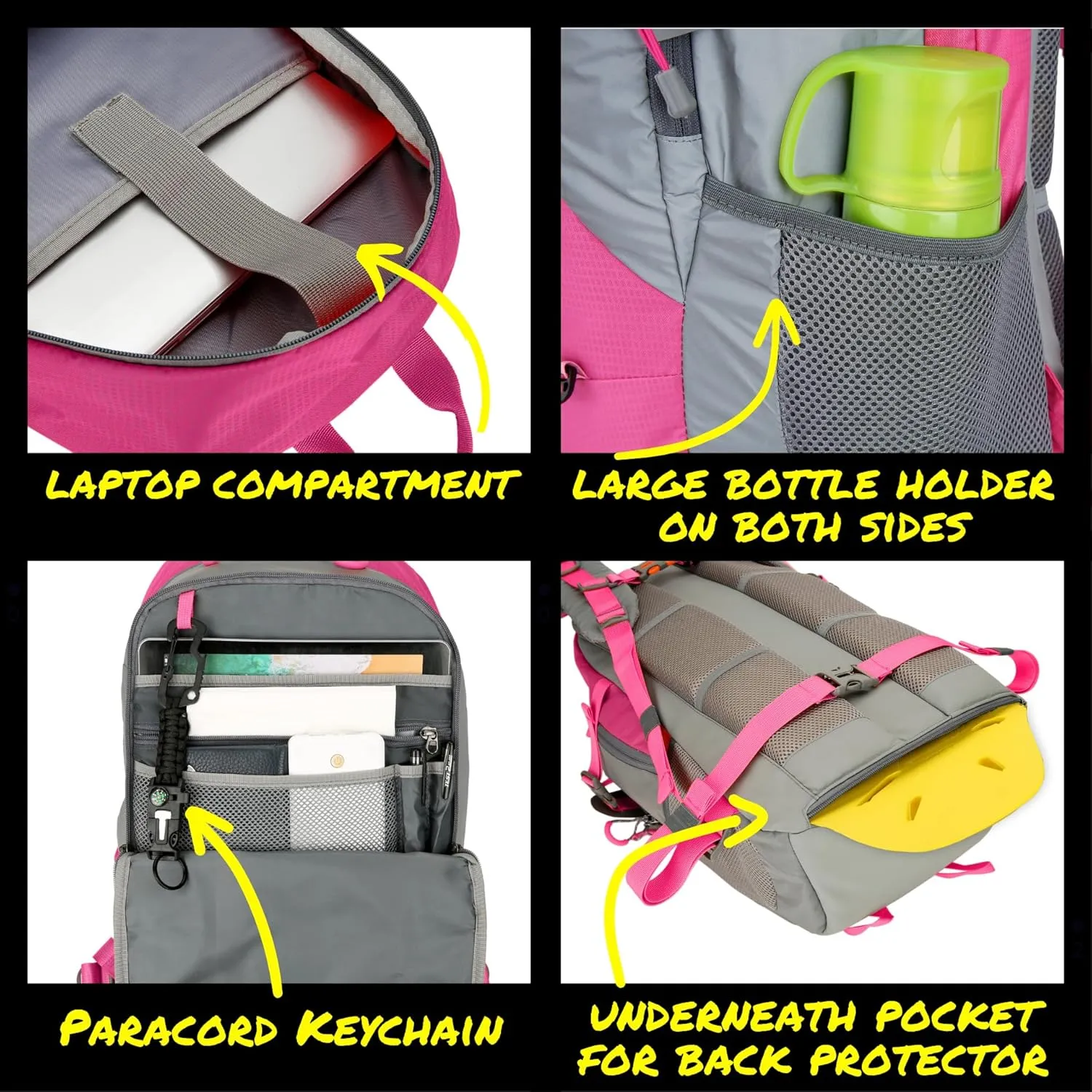 Reflective Motorcycle Backpack  Lightweight Hi Viz Riding Gear with Helmet Holder, Laptop pocket, Ventilated Back, Cycling, Hiking, Sport & Commuter Daypack (pink backpack)