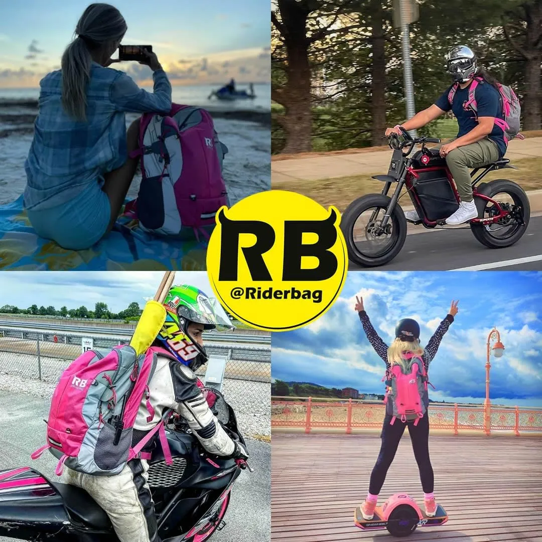 Reflective Motorcycle Backpack  Lightweight Hi Viz Riding Gear with Helmet Holder, Laptop pocket, Ventilated Back, Cycling, Hiking, Sport & Commuter Daypack (pink backpack)