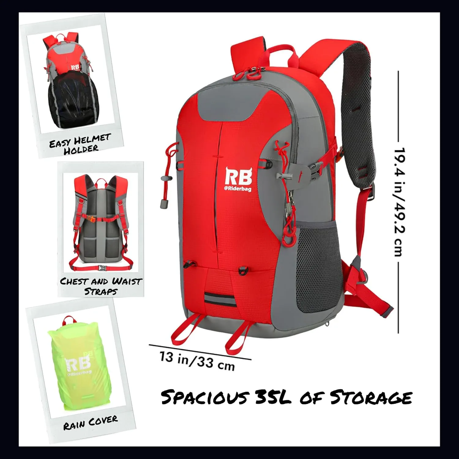 Reflective Motorcycle Backpack  Lightweight Hi Viz Riding Gear with Helmet Holder, Laptop pocket, Ventilated Back, Cycling, Hiking, Sport & Commuter Daypack (red backpack)
