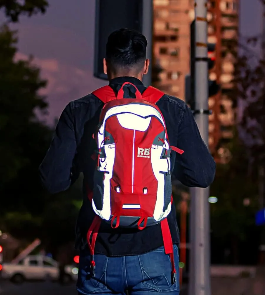 Reflective Motorcycle Backpack  Lightweight Hi Viz Riding Gear with Helmet Holder, Laptop pocket, Ventilated Back, Cycling, Hiking, Sport & Commuter Daypack (red backpack)