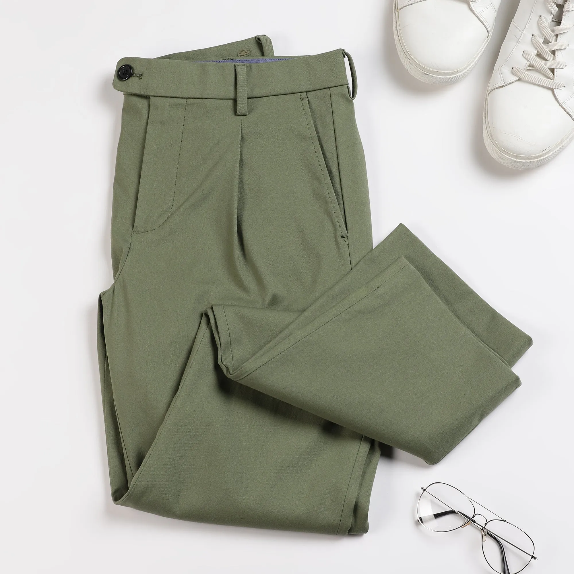 Single Pleated Relaxed Fit Trousers - Olivine Green
