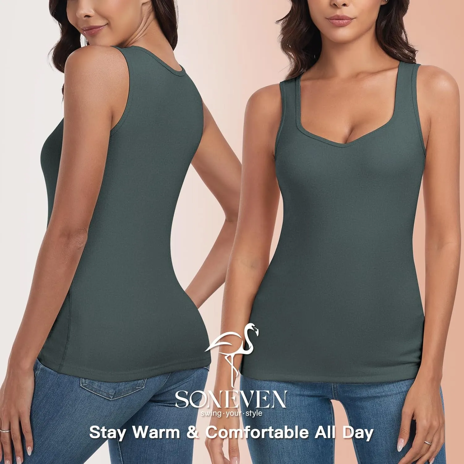 Soneven Sleeveless Thermal Shirts for Women Fleece Lined Thermal Tank Tops Camisole Warm Base Layer Vest Cold Weather