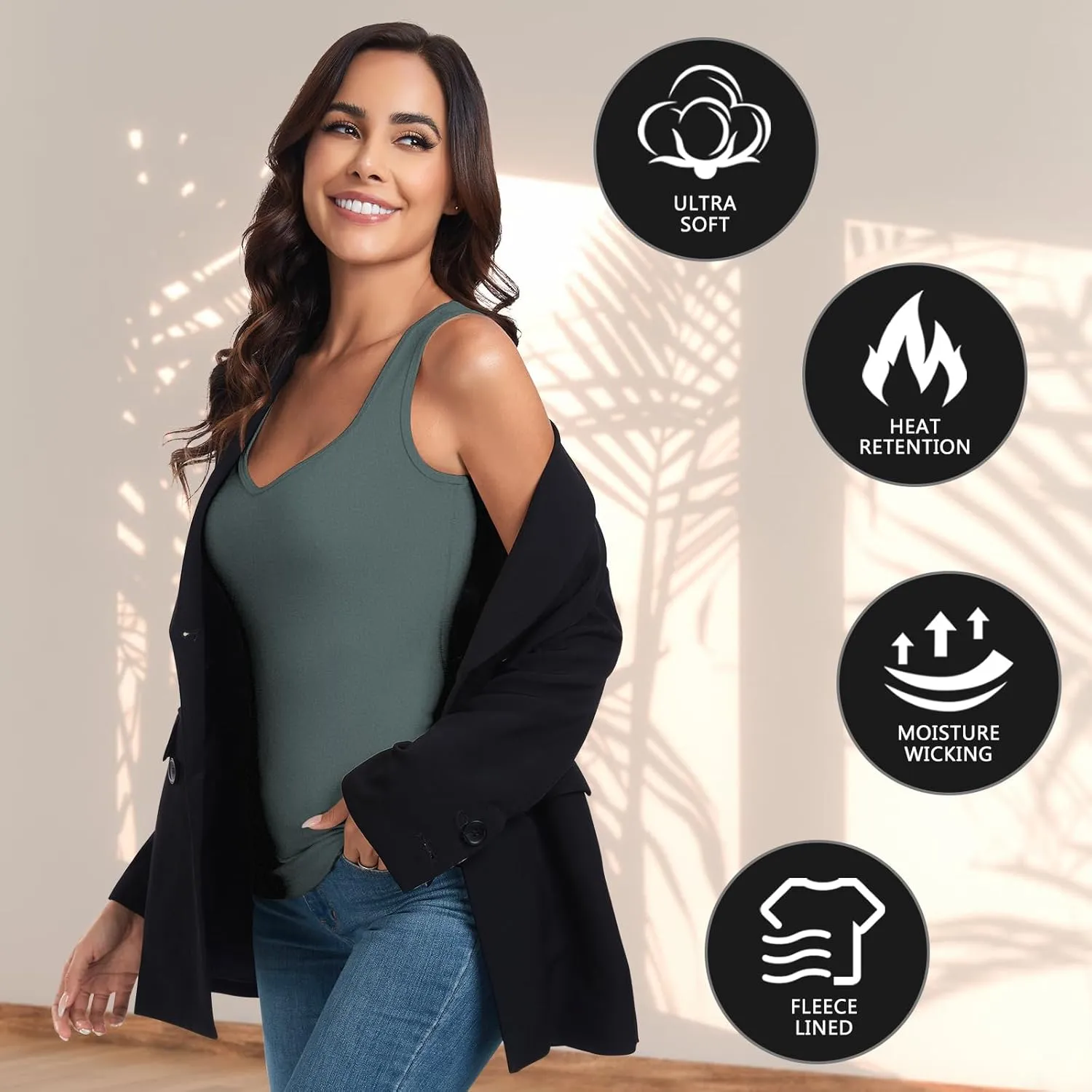 Soneven Sleeveless Thermal Shirts for Women Fleece Lined Thermal Tank Tops Camisole Warm Base Layer Vest Cold Weather