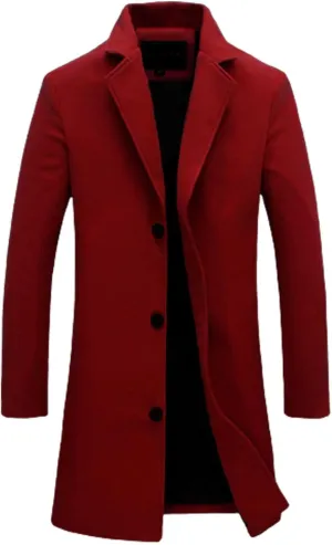 Trench Jacket Coats for Men One Breasted Long Pea Coat Notch Lapel Jacket Suit Fall Winter Warm Windproof Windbreaker