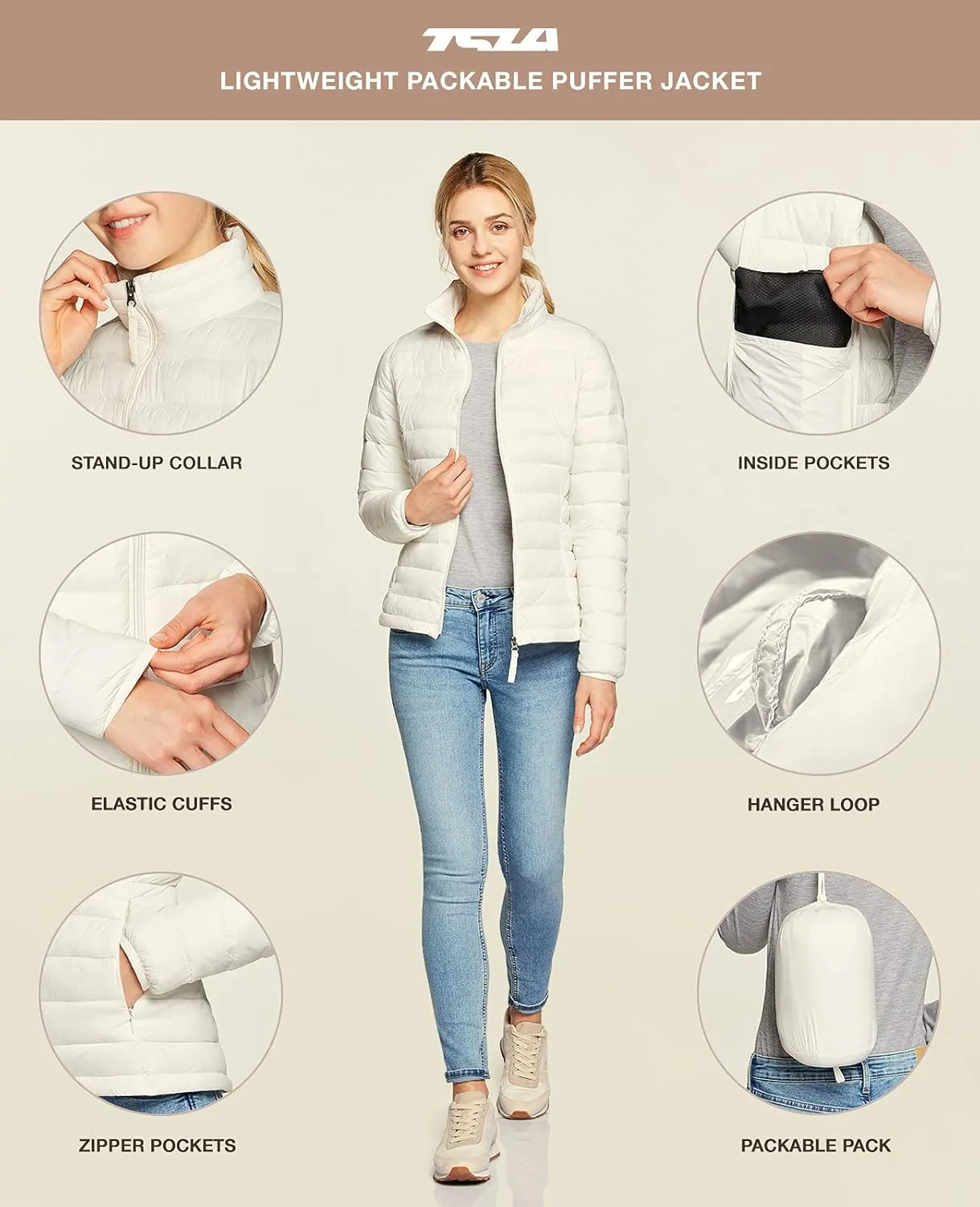TSLA Women's Lightweight Packable Accent Puffer Jacket, Water-Resistant Winter Coat