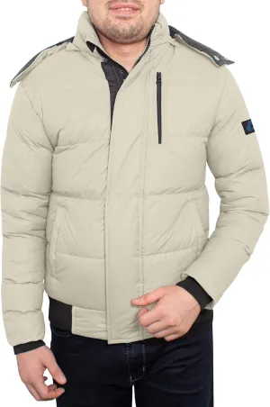 URBAN BUCK Mens Puffer Jacket with Faux Fur Trimmed Hood Midweight Winter Recycled Down Desmond Cream Windproof and Water Repellent Men Climbing Coat (L)