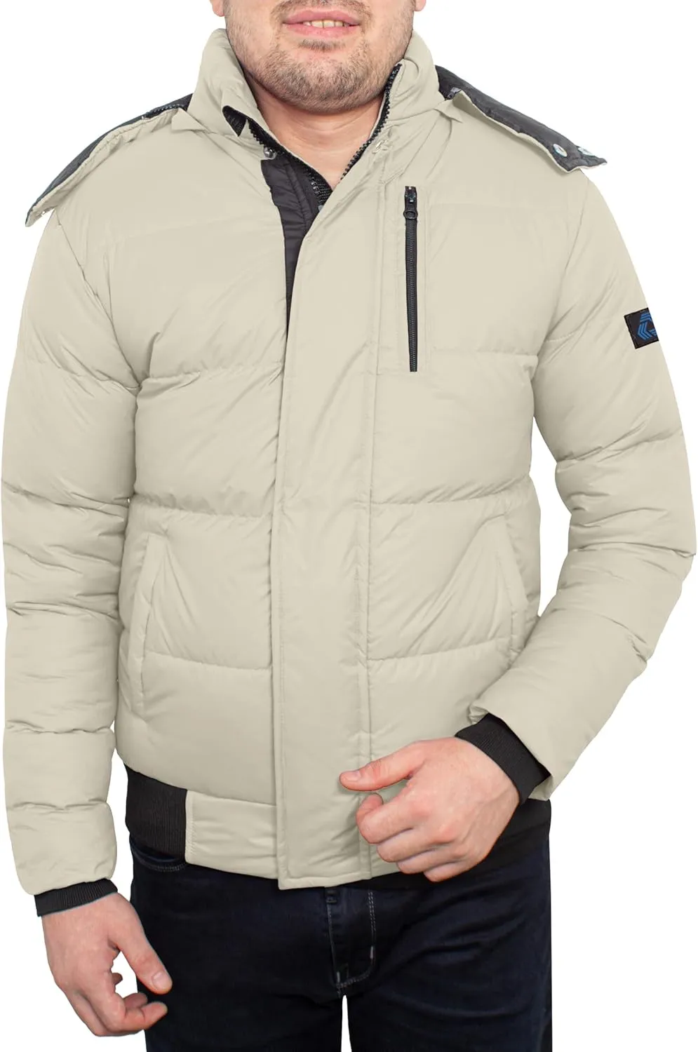 URBAN BUCK Mens Puffer Jacket with Faux Fur Trimmed Hood Midweight Winter Recycled Down Desmond Cream Windproof and Water Repellent Men Climbing Coat (L)