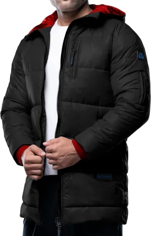 URBAN BUCK Puffer Jacket Men with Faux Fur Trimmed Hood Mens Down Parka Winter Coat Windbreaker & Waterproof Alton Black Ski Coat for Men (XXL)