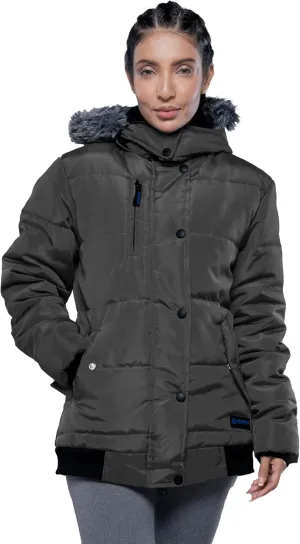 URBAN BUCK Womens Puffer Jacket with Faux Fur Trimmed Hood Jasmine Grey Midweight Winter Recycled Down Ski Coat for Women (L)