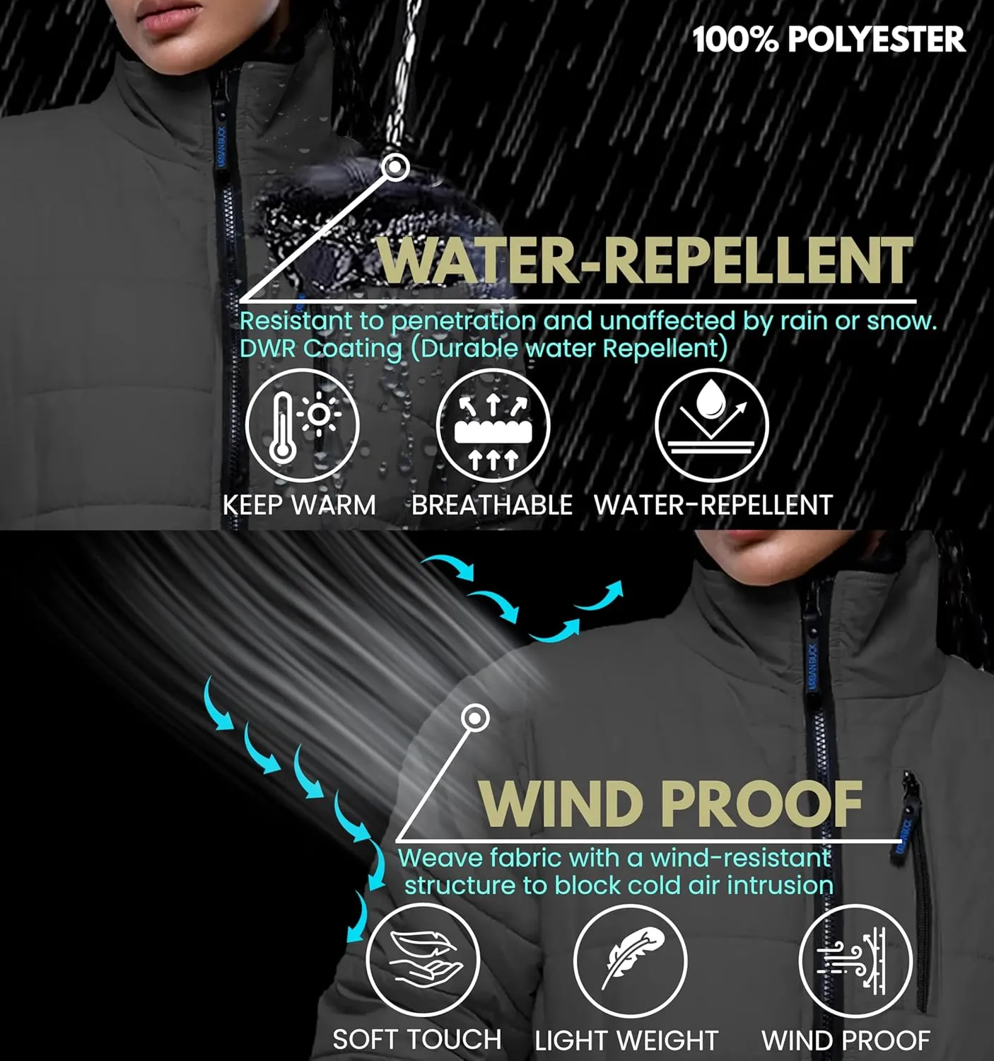 URBAN BUCK Womens Puffer Jackets Down Alternative Midweight Long Sleeve Windproof & Water Repellent Winter Azaria Women Coat