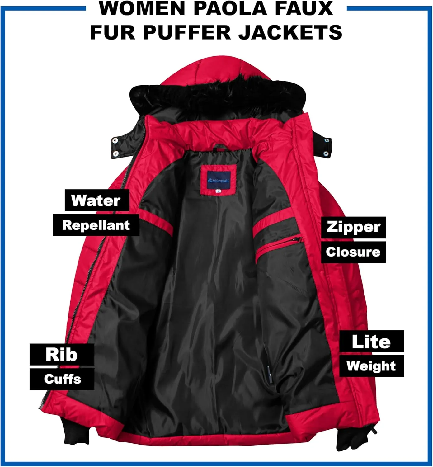 URBAN BUCK Womens Puffer Jackets Down Alternative Midweight Long Sleeve Windproof & Water Repellent Winter Azaria Women Coat