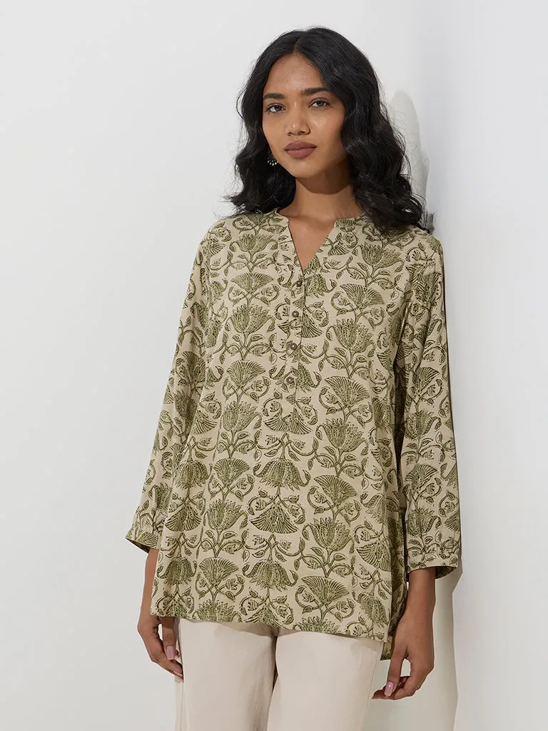 Utsa Sage Botanical-Inspired Straight Cotton Tunic