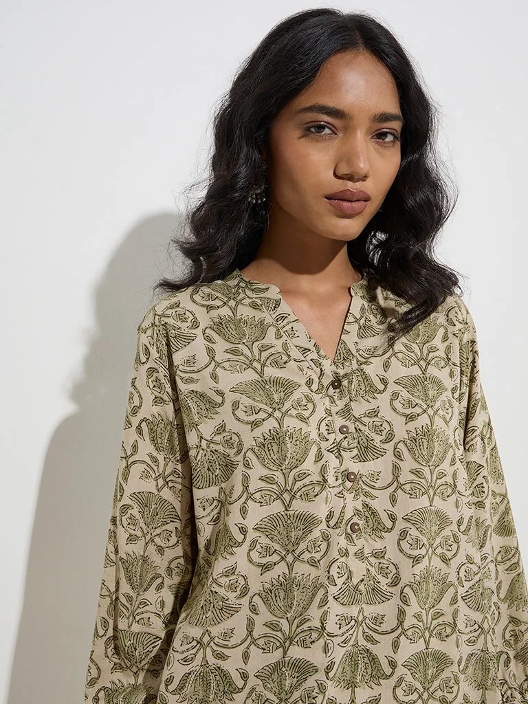 Utsa Sage Botanical-Inspired Straight Cotton Tunic