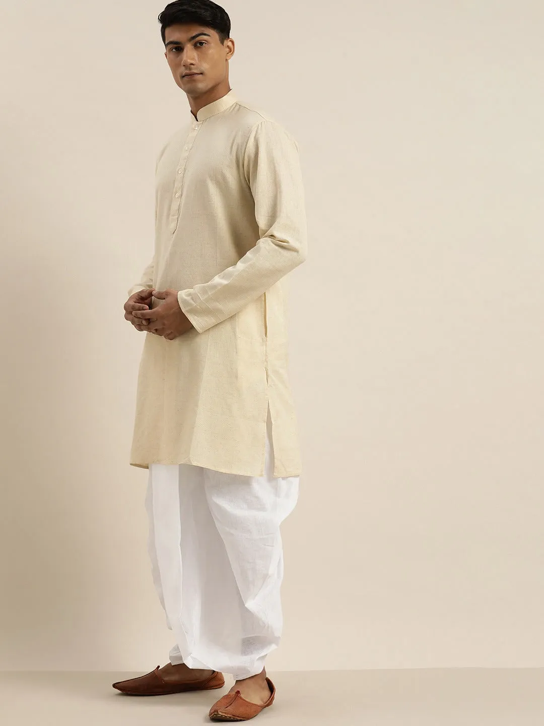 VASTRAMAY Beige Cotton Kurta with Dhoti