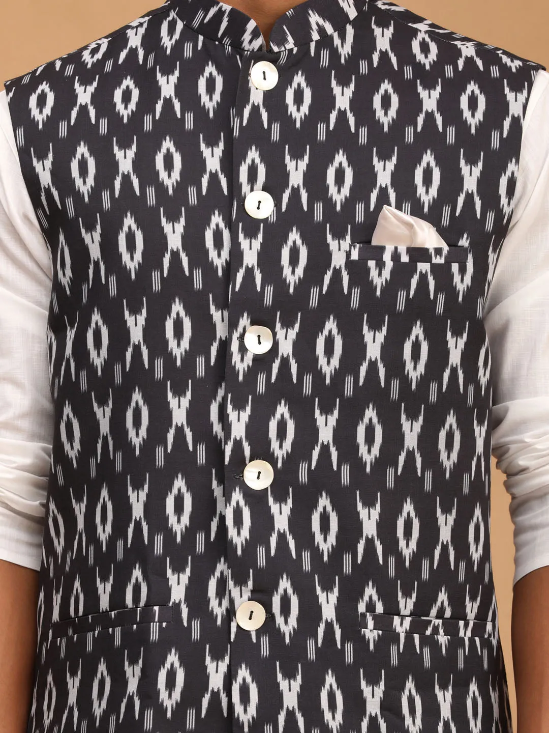 VASTRAMAY Black Ikkat Nehru Jacket Set