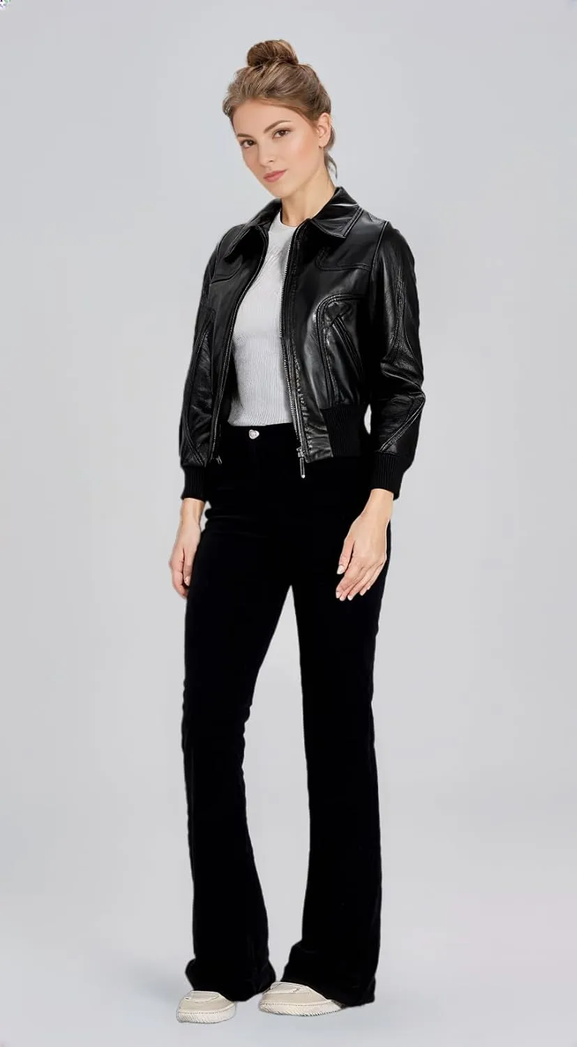 VearFit Women's Sleek Bomber Faux Black Leather Jacket Winter Collection
