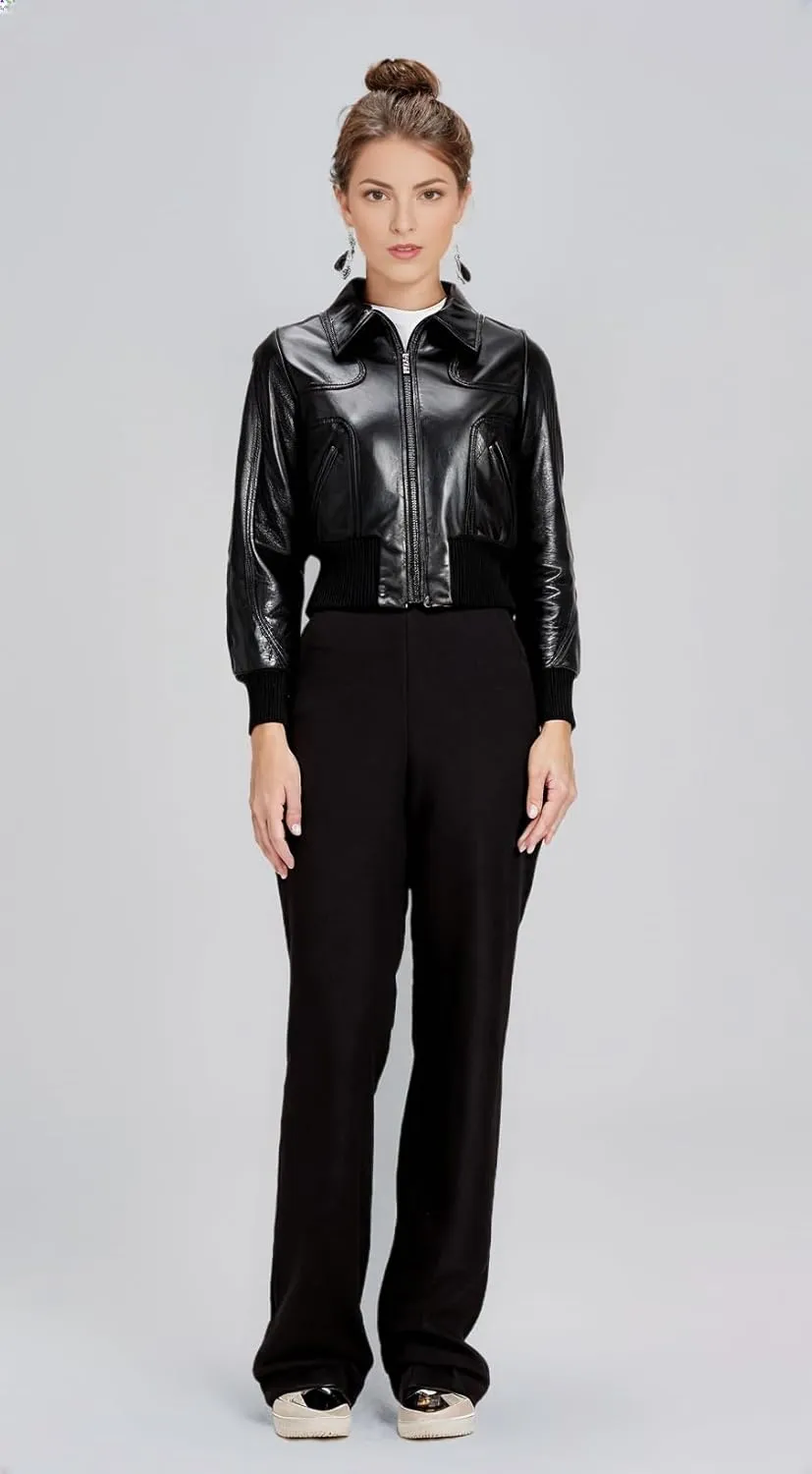 VearFit Women's Sleek Bomber Faux Black Leather Jacket Winter Collection