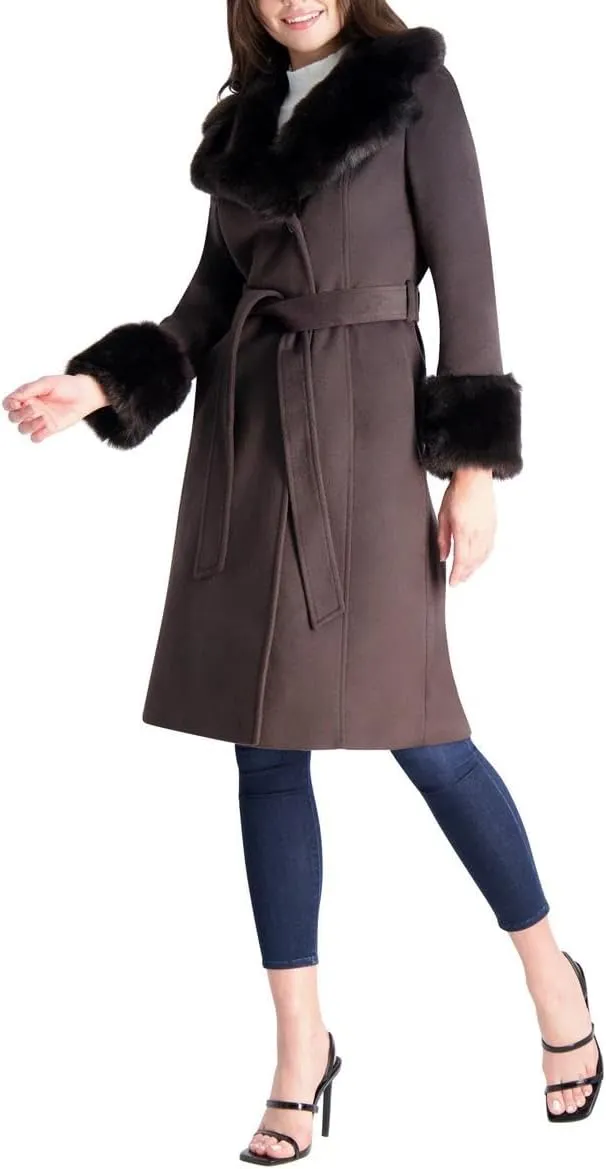 VIA SPIGA Women's Long Wool Wrap Coat with Faux Fur Trim