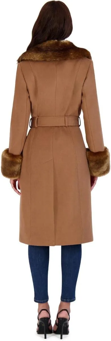 VIA SPIGA Women's Long Wool Wrap Coat with Faux Fur Trim