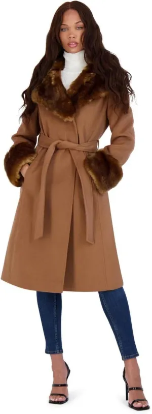VIA SPIGA Women's Long Wool Wrap Coat with Faux Fur Trim